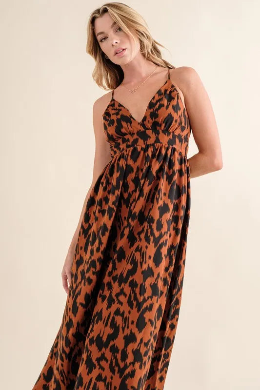 Leopard print plunge maxi dress in brown front view