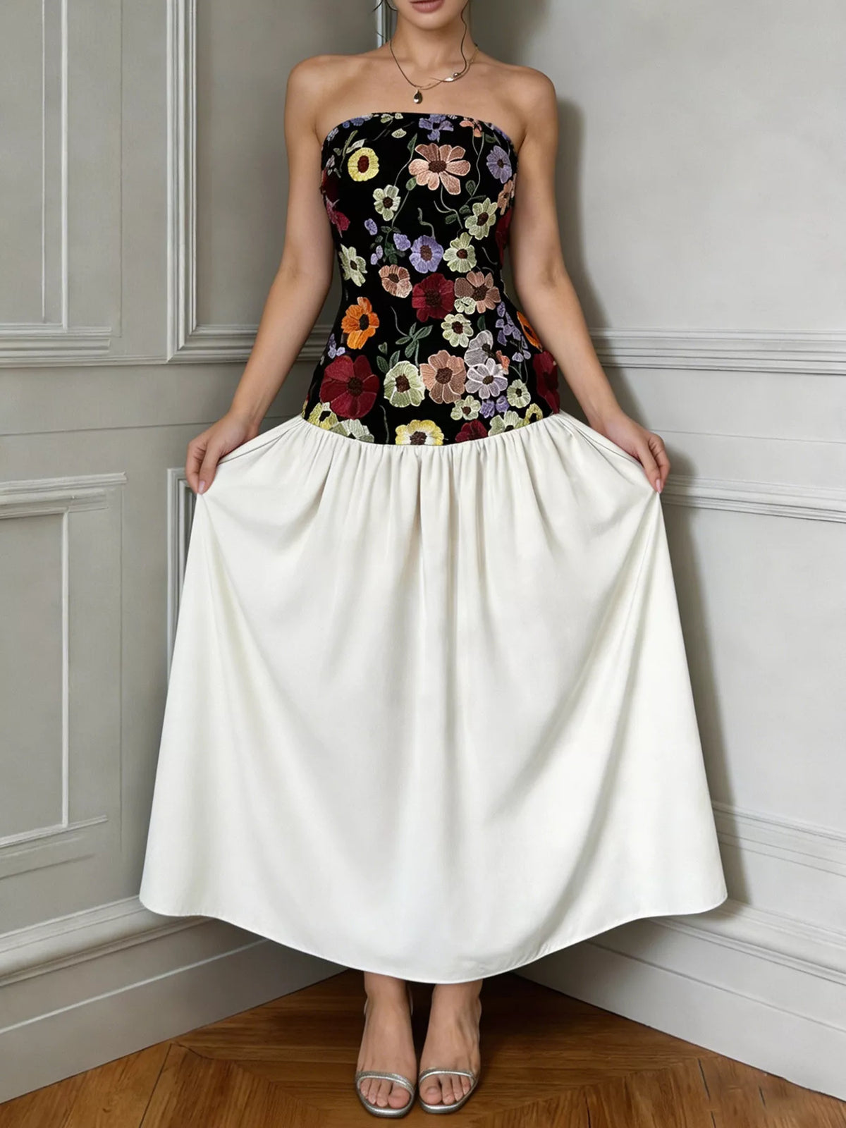 Floral embroidered strapless tube maxi dress side view