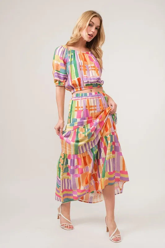 And The Why Asymmetric Geo Printed Tiered Maxi Skirt MULTI - Fashorio