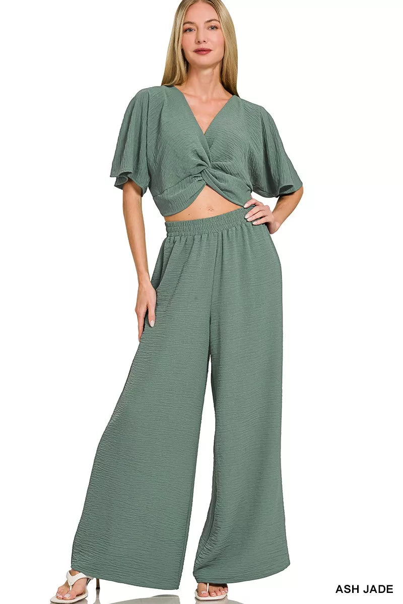 Woven airflow twisted top and wide leg pants set front