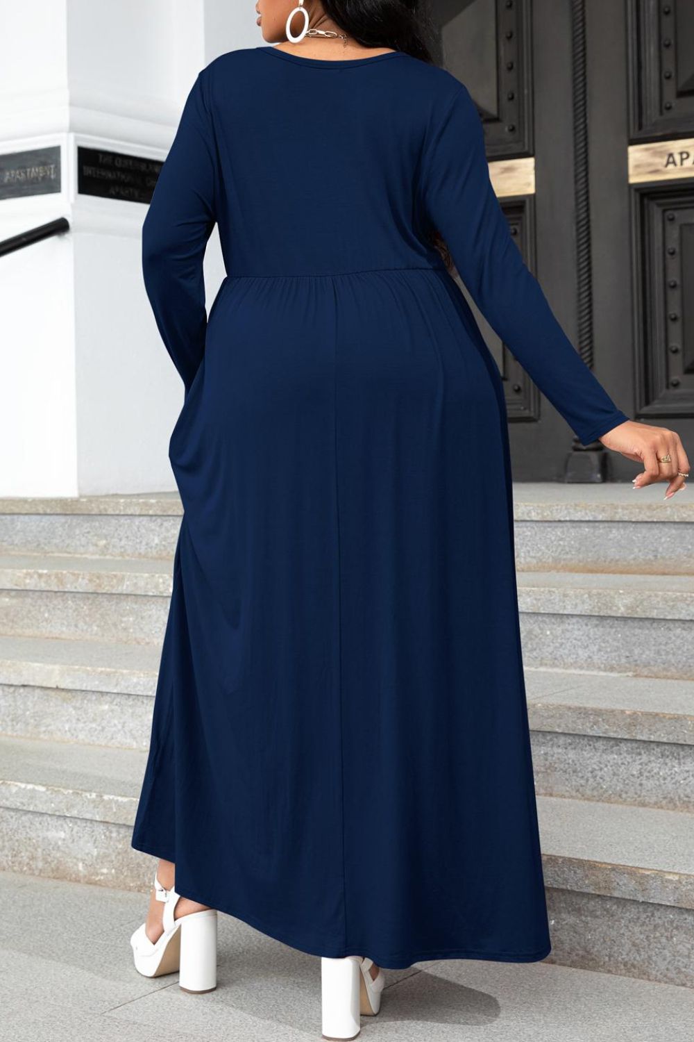 navy long sleeve plus size maxi dress with pockets full length view