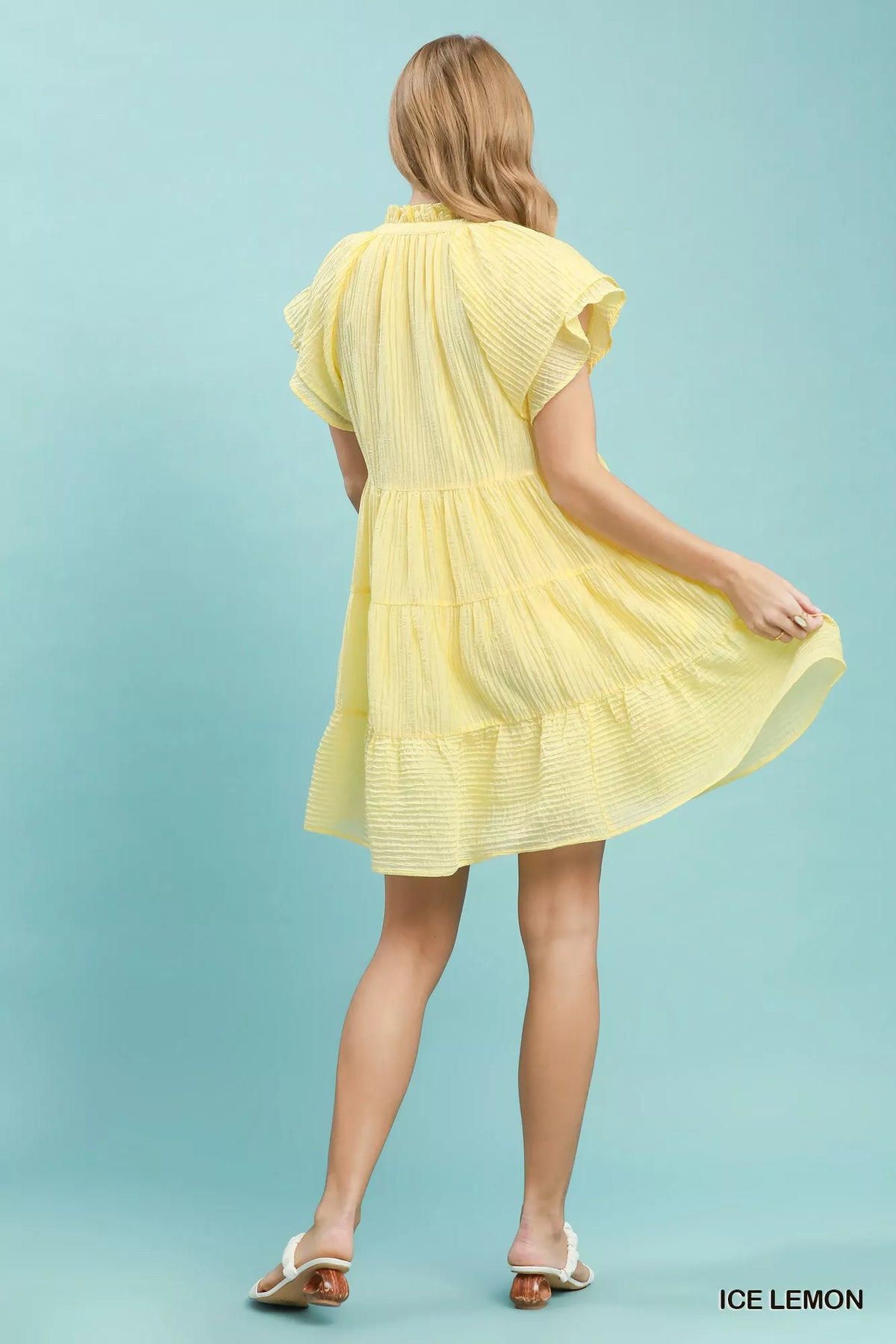 Ice lemon tiered ruffle sleeve mini dress back view