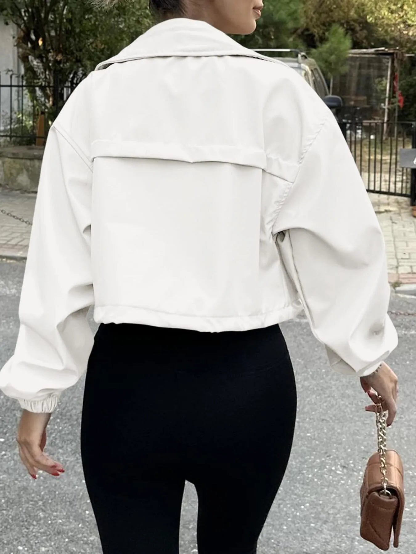 Drawstring Hem Zip Up Jacket White - Fashorio