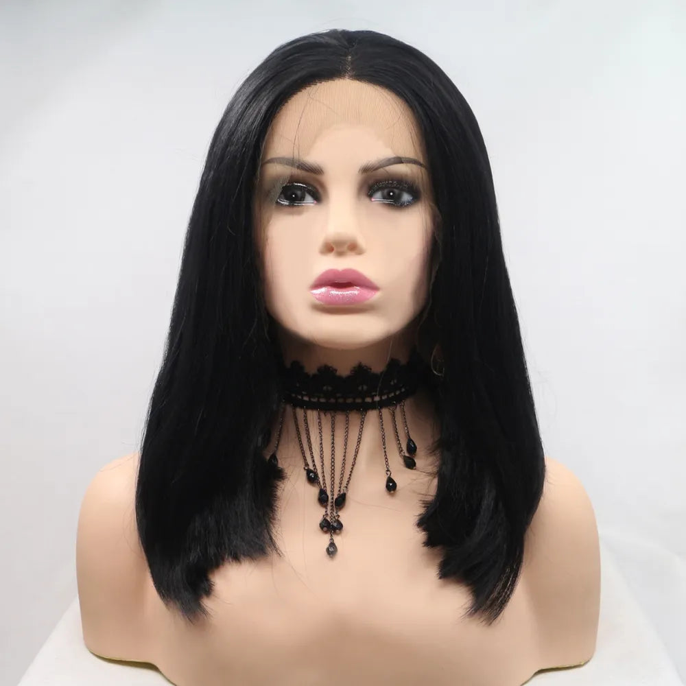 Mid length straight synthetic lace front wig front view