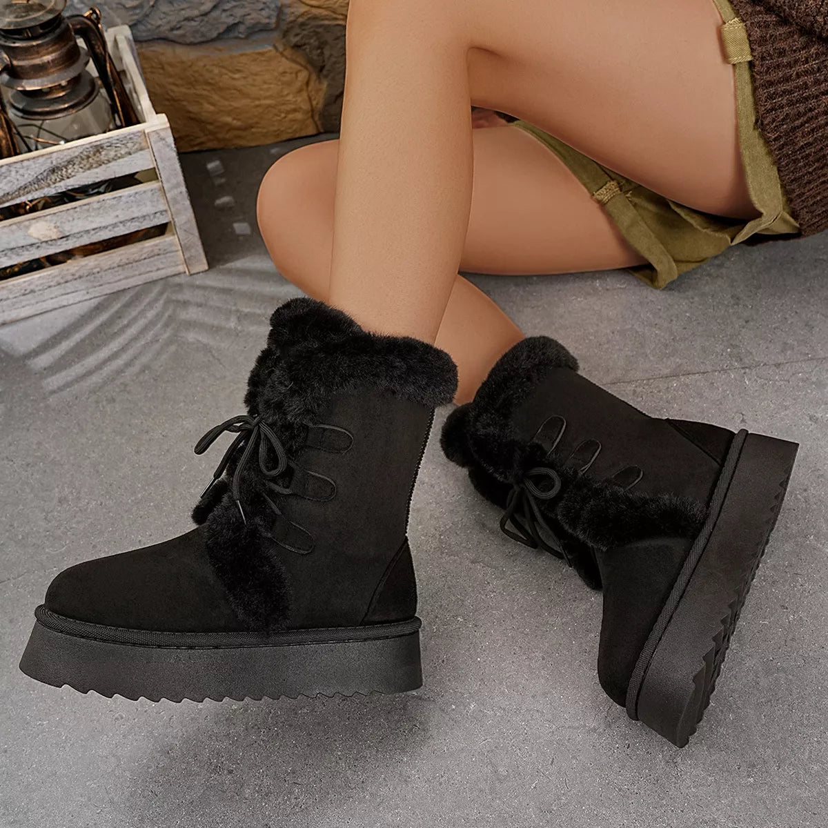 Coffee Brown round toe platform boots side profile view