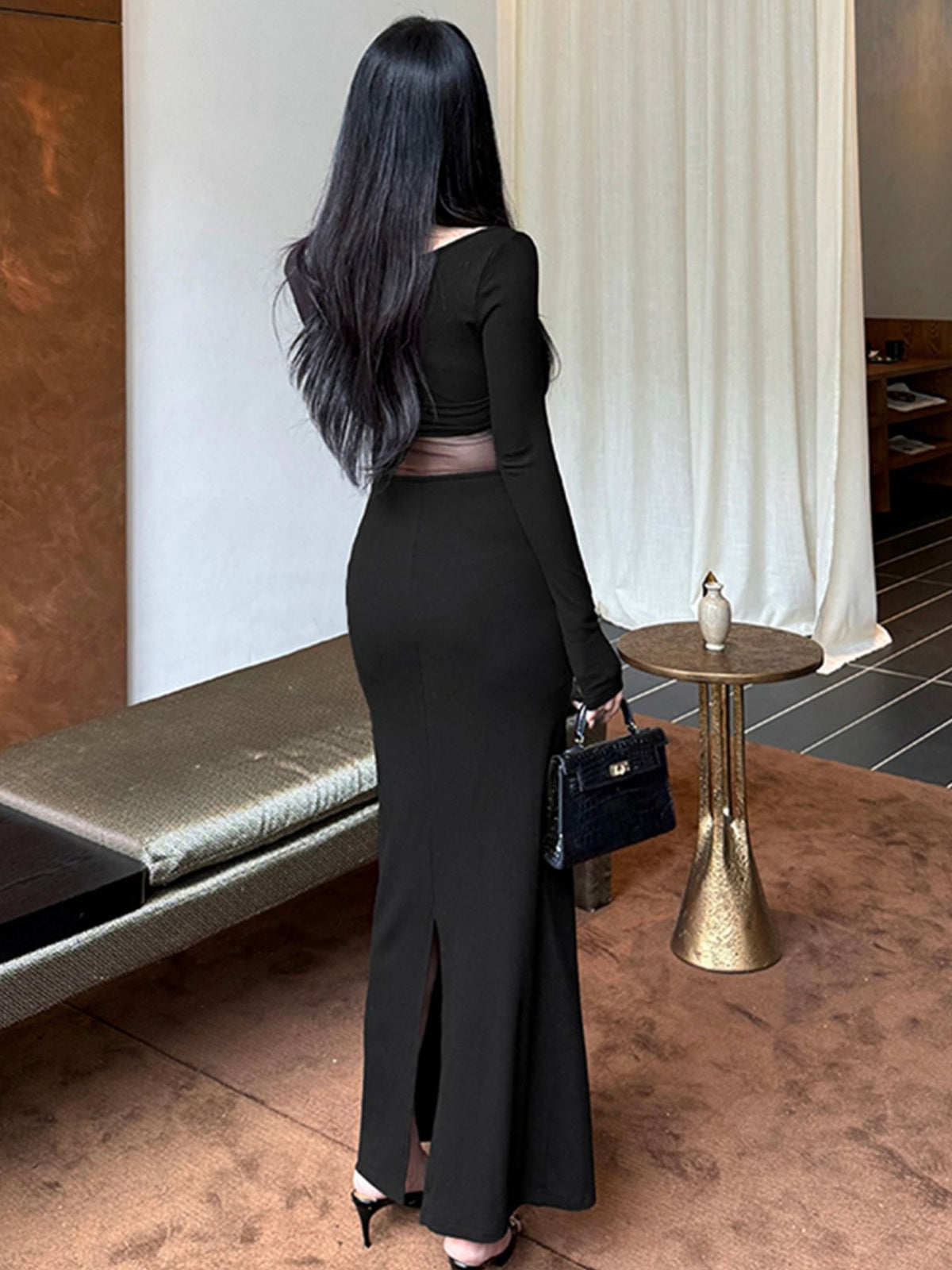 black sheer mesh panel long sleeve maxi dress back view