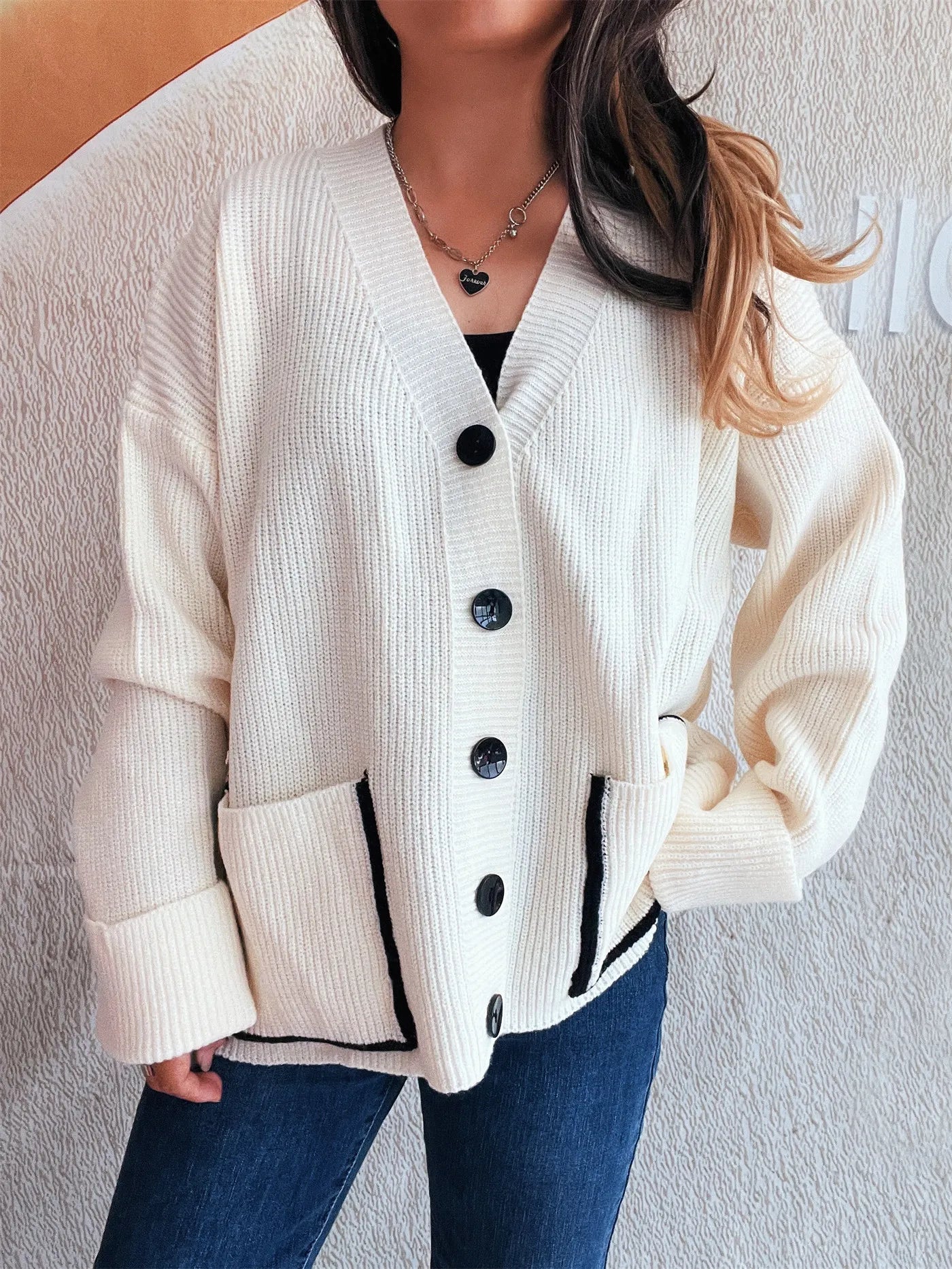 Button-Front Ribbed Cardigan with V-Neck White One Size - Fashorio