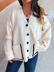Button-Front Ribbed Cardigan with V-Neck White One Size - Fashorio