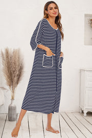 Round Neck Three-Quarter Sleeve Midi Night Dress Navy - Fashorio