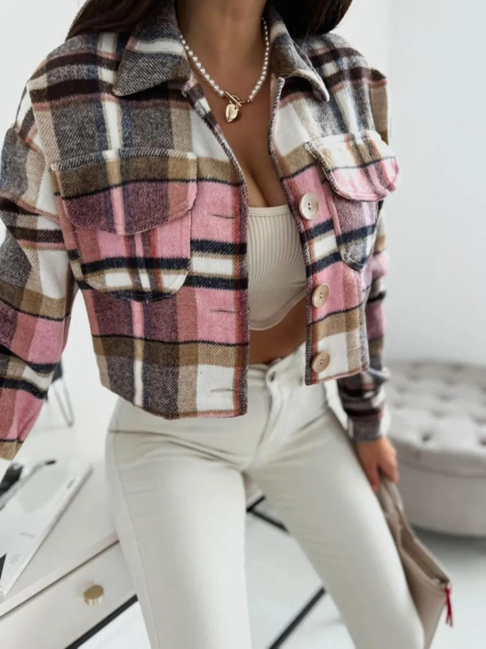 Plaid Collared Pocket Jacket in Pink styled look