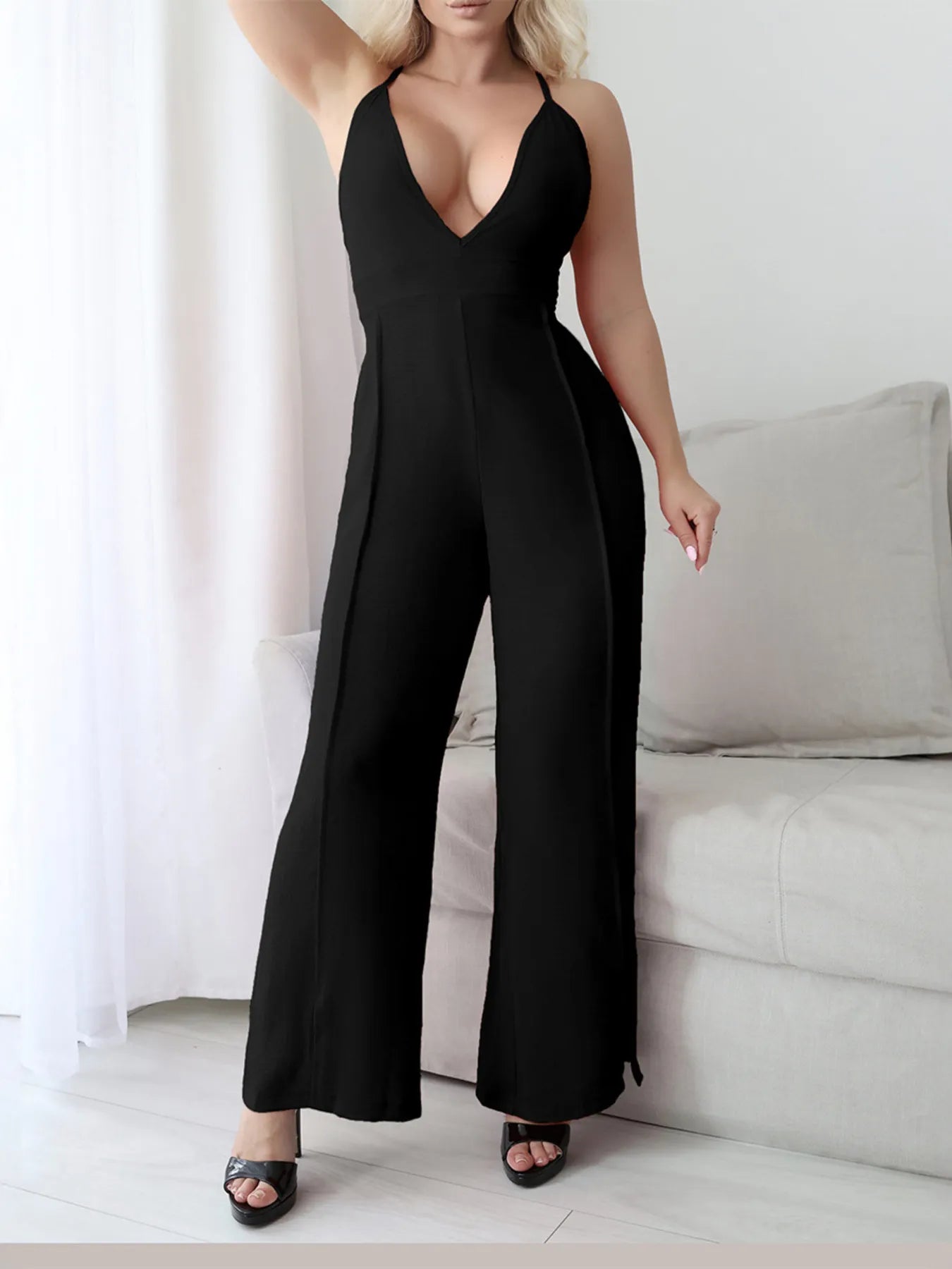 Crisscross Back V-Neck Wide Leg Jumpsuit Black - Fashorio