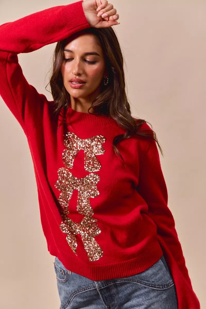 Sequin Bow Ribbon Christmas Sweater in Red and Gold view 8