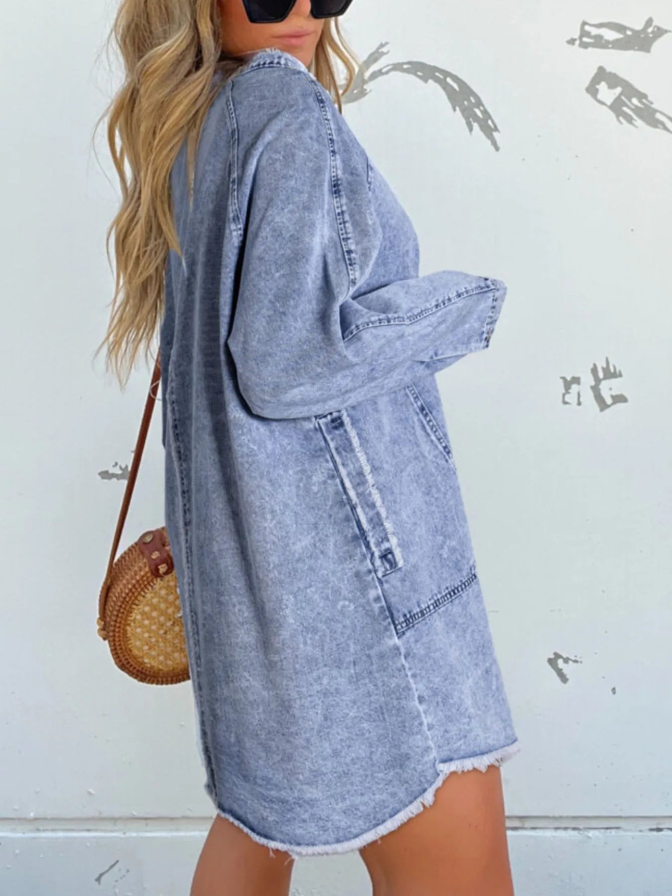 Full Size Button-Front Long Sleeve Denim Shirt Dress Plus Size - Fashorio