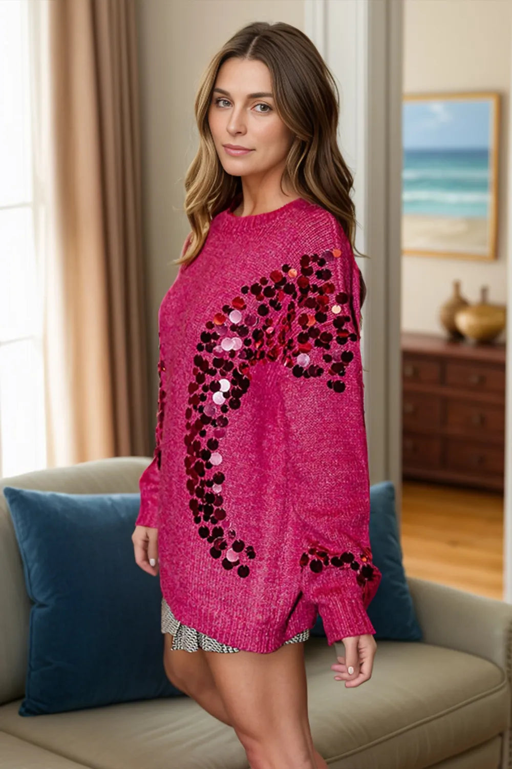 Sequin Round Neck Long Sleeve Sweater back view