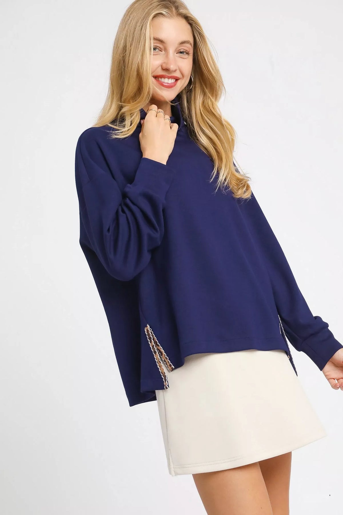 Turtleneck Dolman Sleeve Side Slit Sweater in Navy back view