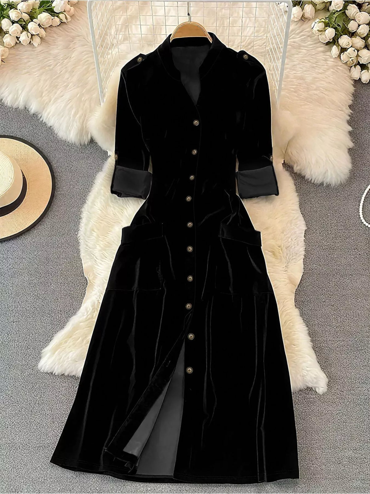 velvet button front midi dress front view