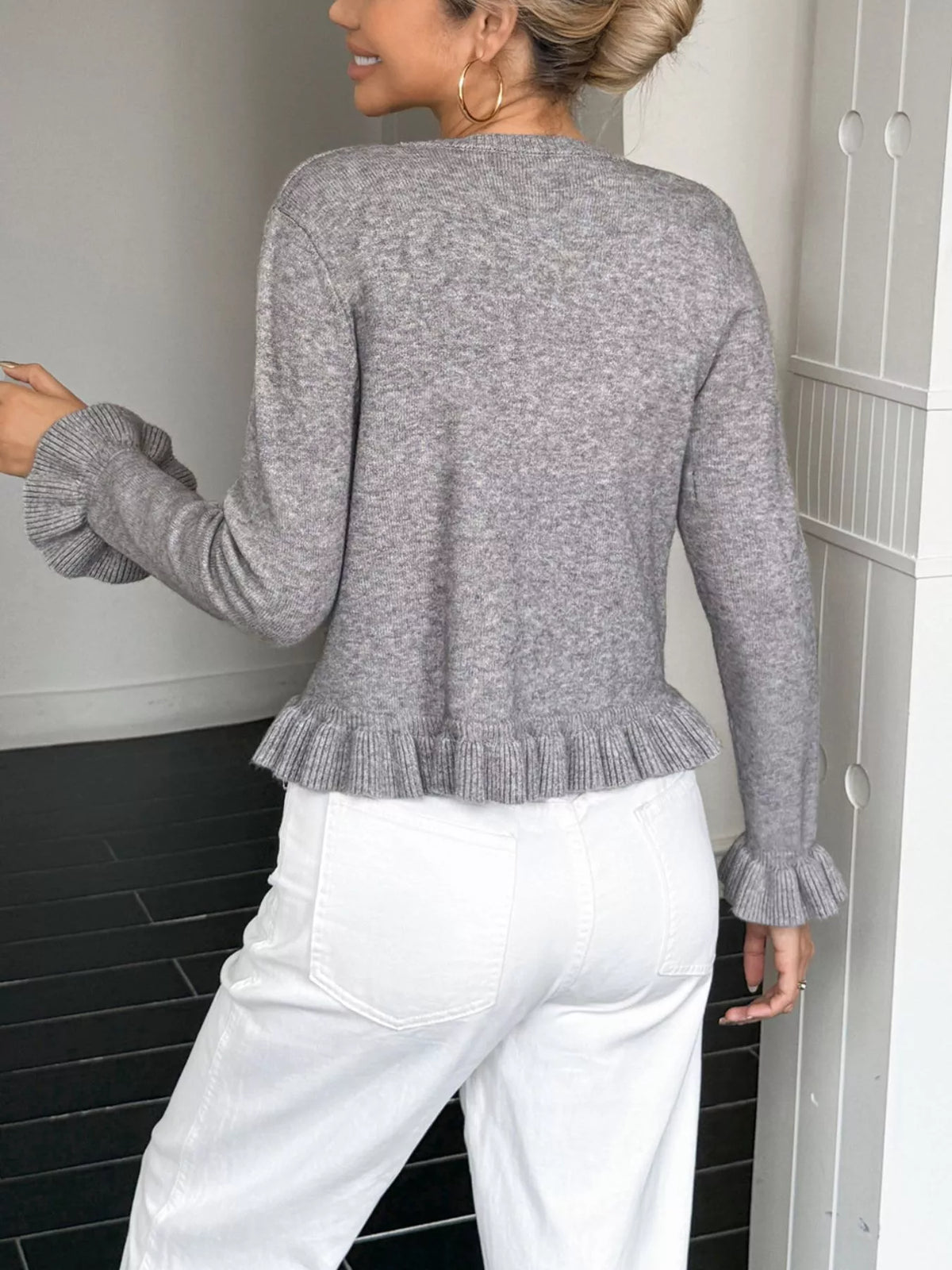 Womens ruffle trim knit cardigan back