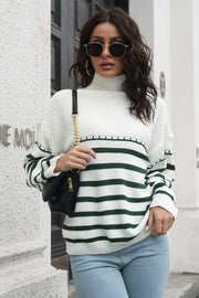 Striped Turtleneck Drop Shoulder Sweater Dark Green - Fashorio