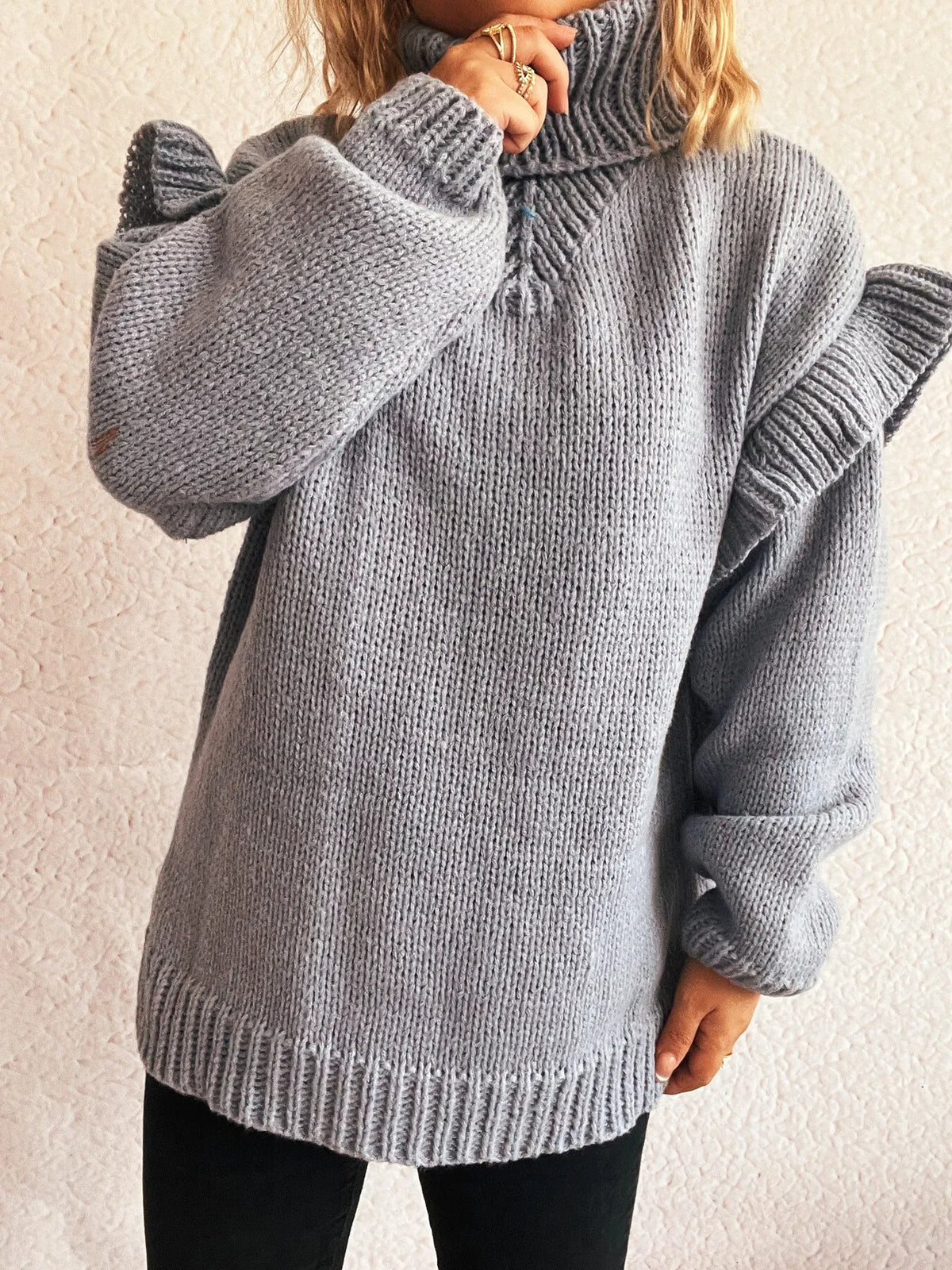Ruffled turtleneck long sleeve sweater back view