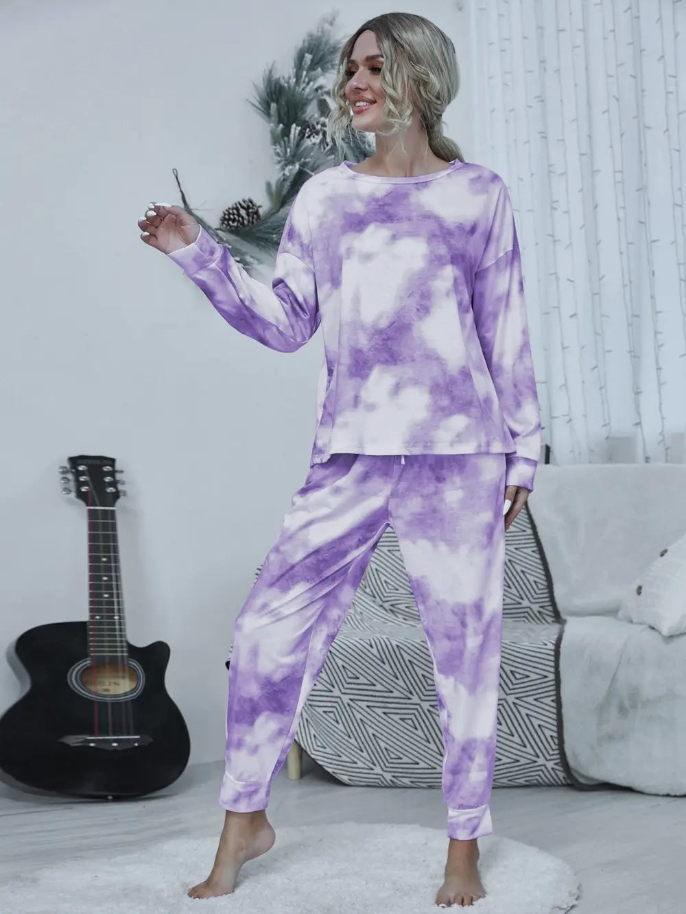 Shiny Tie-dye Round Neck Top and Drawstring Pants Lounge Set - Fashorio