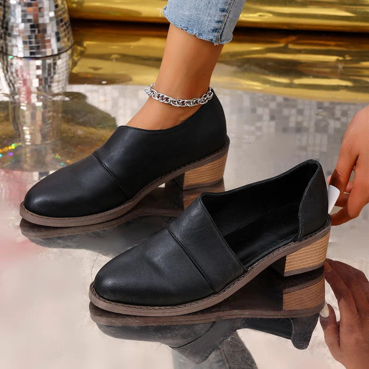 Point Toe Block Heels Pumps Black - Fashorio