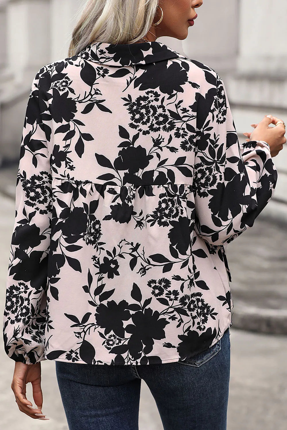 Perfee Printed Tie Neck Balloon Sleeve Blouse - Fashorio