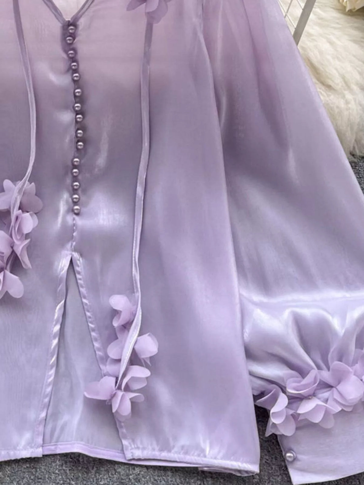 Sheer floral embellished shirt in purple, front view