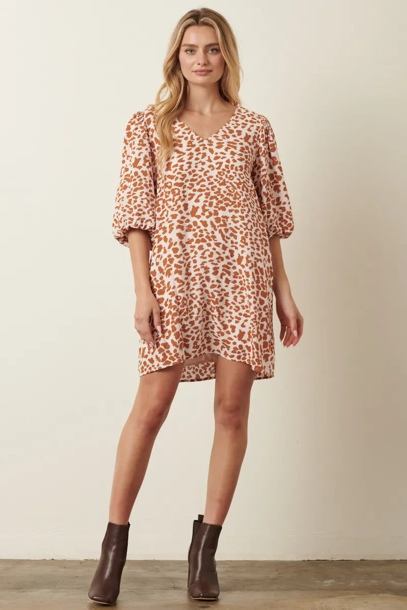 Animal Print Puff Sleeve Mini Dress in Mustard detail