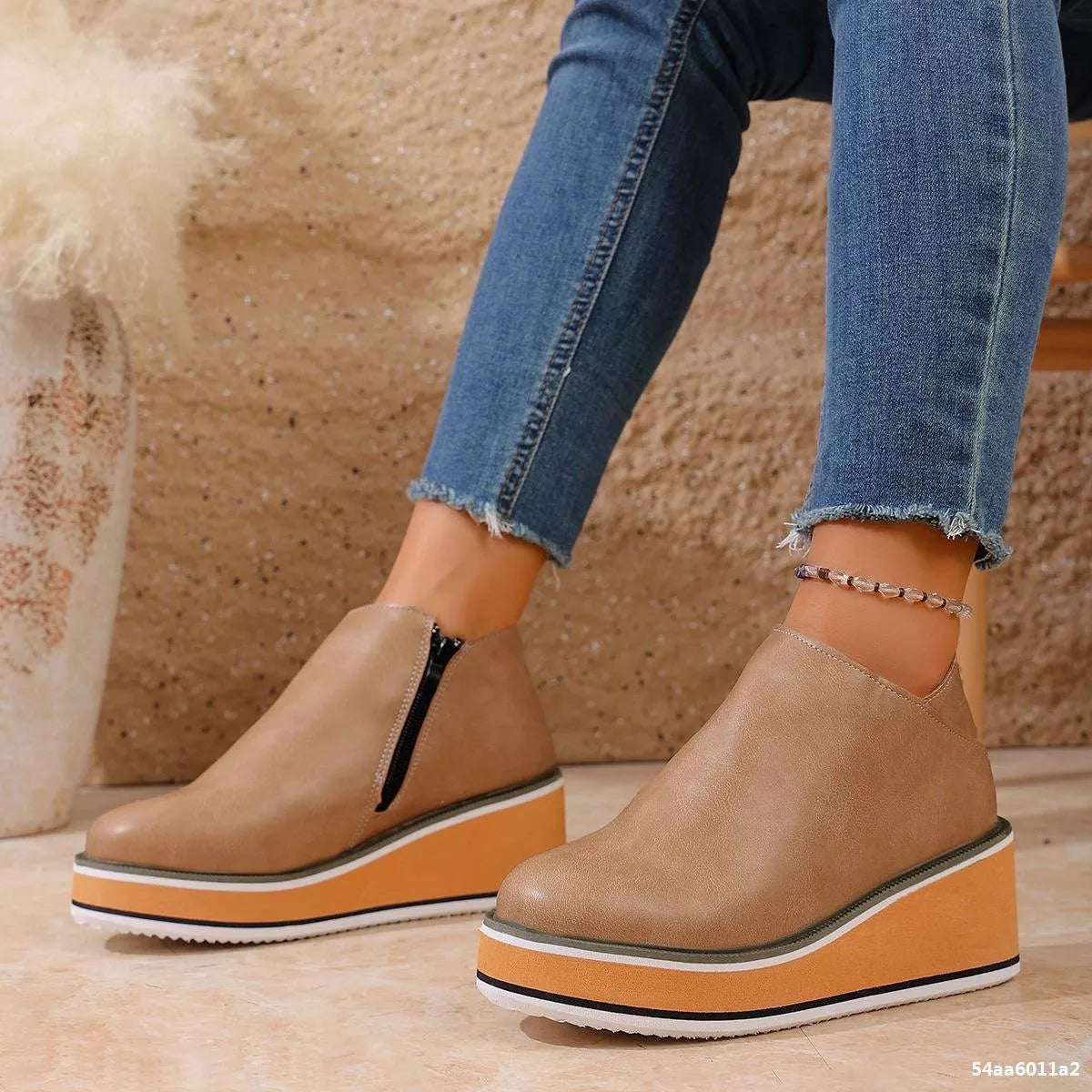 wedge ankle boots with zipper worn look