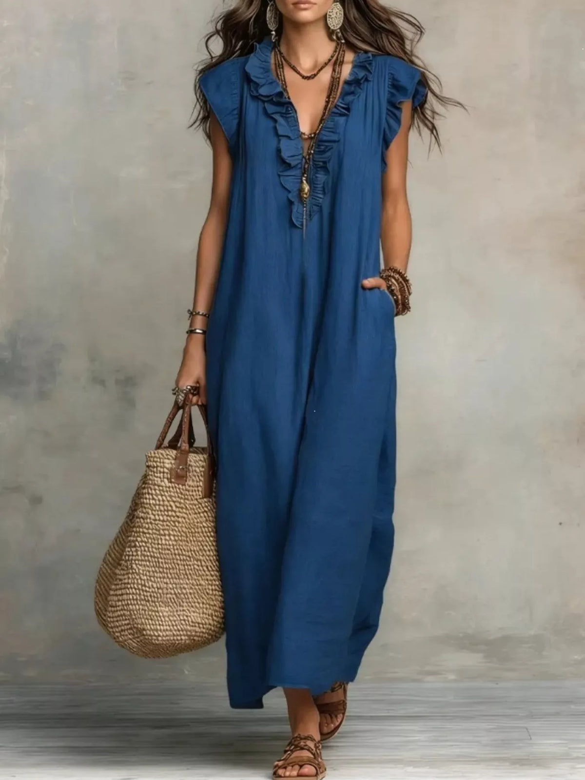 Flowing cap sleeve maxi dress back view