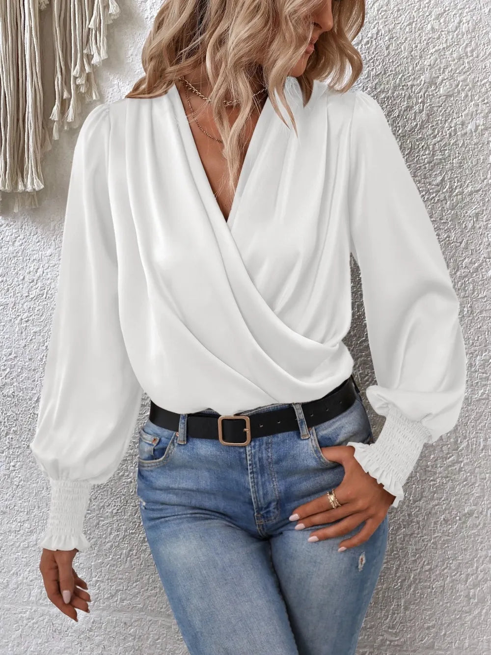 Surplice Smocked Lantern Sleeve Blouse - Fashorio