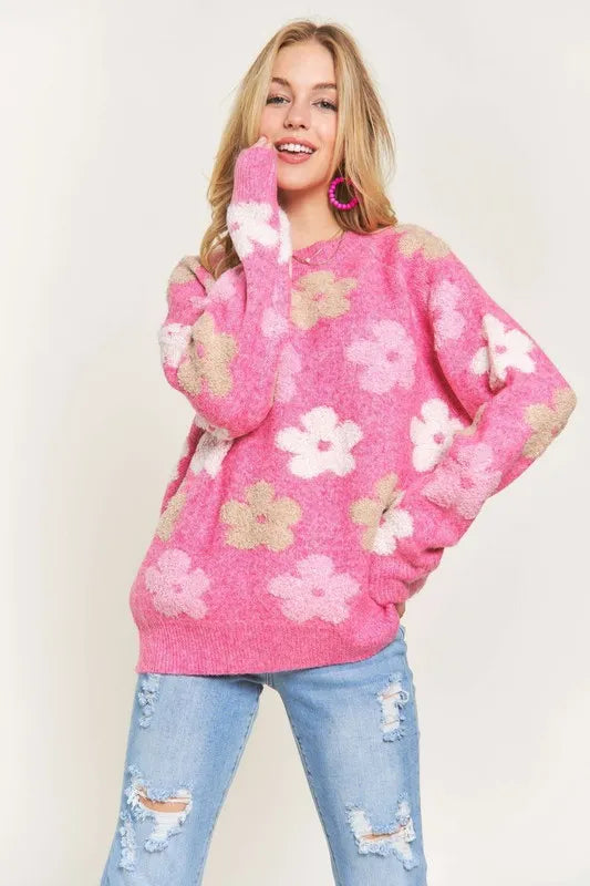 ADORA Full Size Floral Popped 2-Tone Sweater Top Plus Size - Fashorio