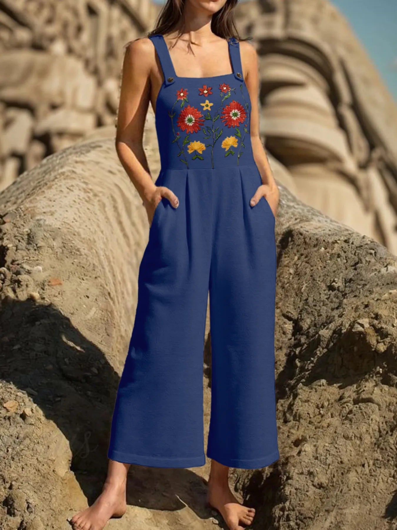 Floral Embroidered Wide Leg Jumpsuit Dark Blue - Fashorio