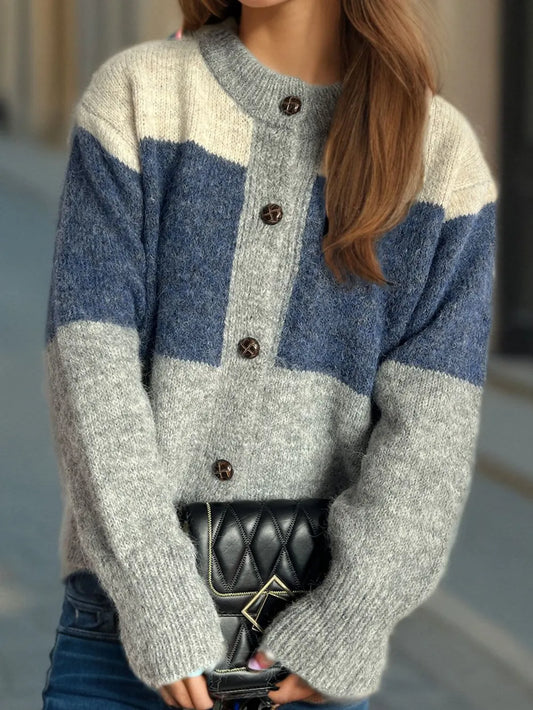Color Block Round Neck Button Up Cardigan Dusty Blue One Size - Fashorio