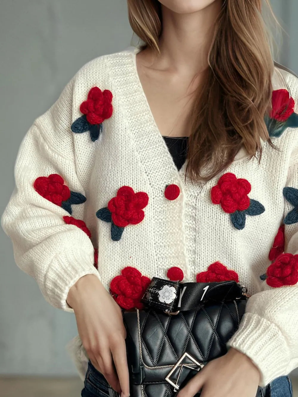 Flower Button Down V-Neck Long Sleeve Cardigan - Fashorio