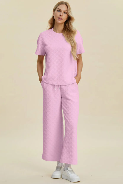 Double Take Full Size Texture Round Neck Short Sleeve Top and Pants Set - Fashorio