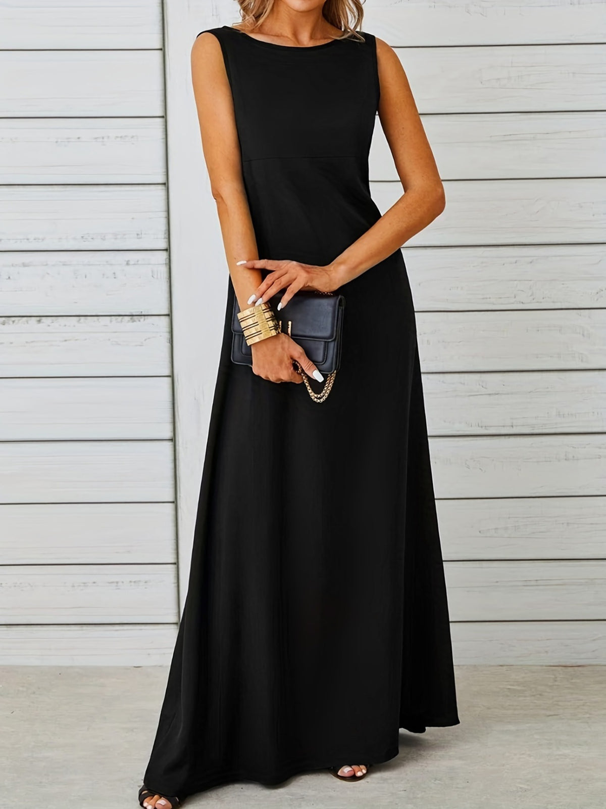 Side view of sleeveless maxi dress