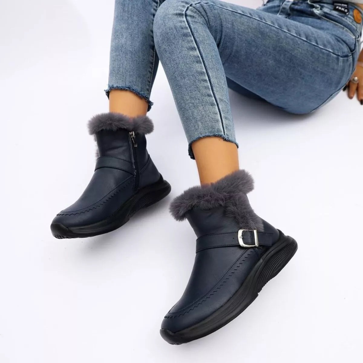 Faux fur buckle ankle boots sole and tread