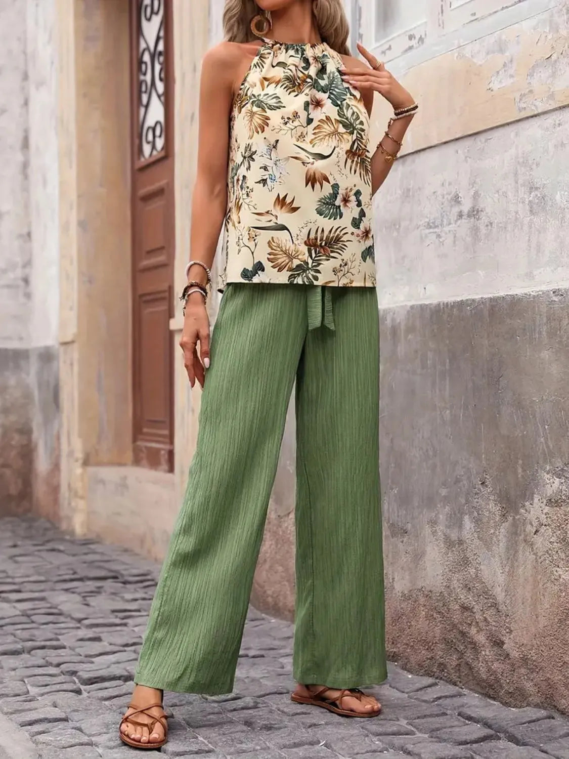 Printed Tank Top and Wide Leg Pants Set - Fashorio