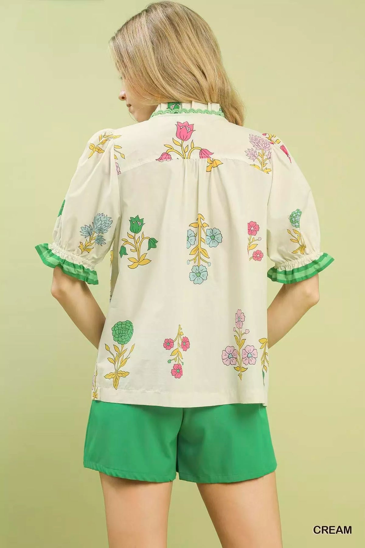 Cream Umgee petal print button down cotton blouse front view