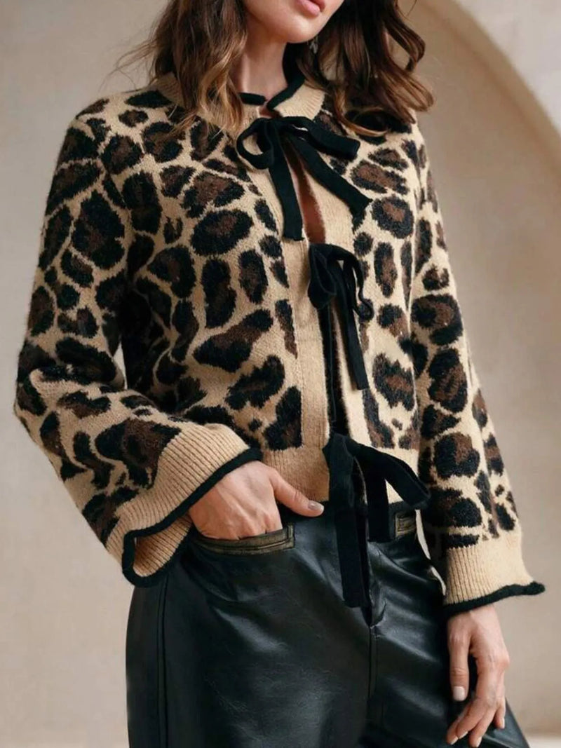 Leopard bow tie cropped cardigan front view