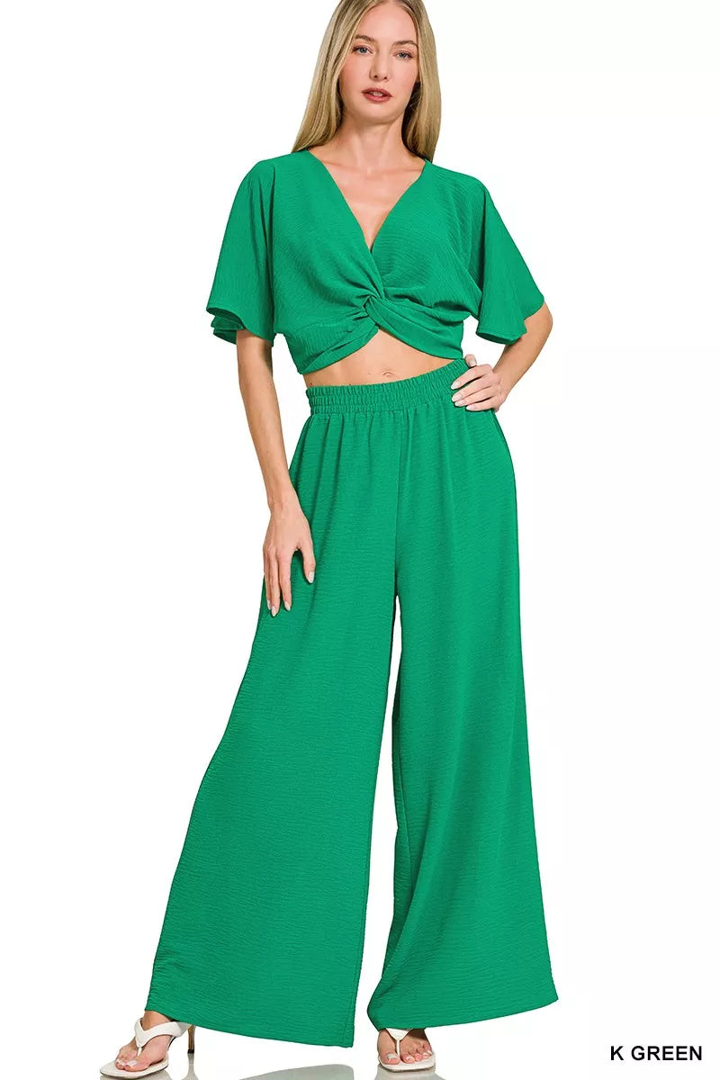Green woven twisted top and wide leg pants set front view