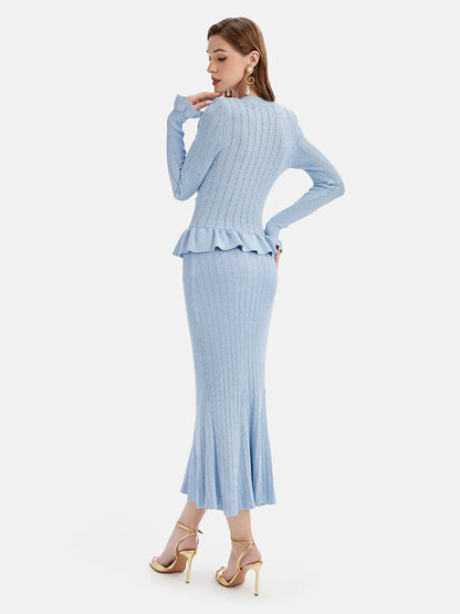 Ruffled V-Neck Top and Midi Skirt Sweater Set - Fashorio