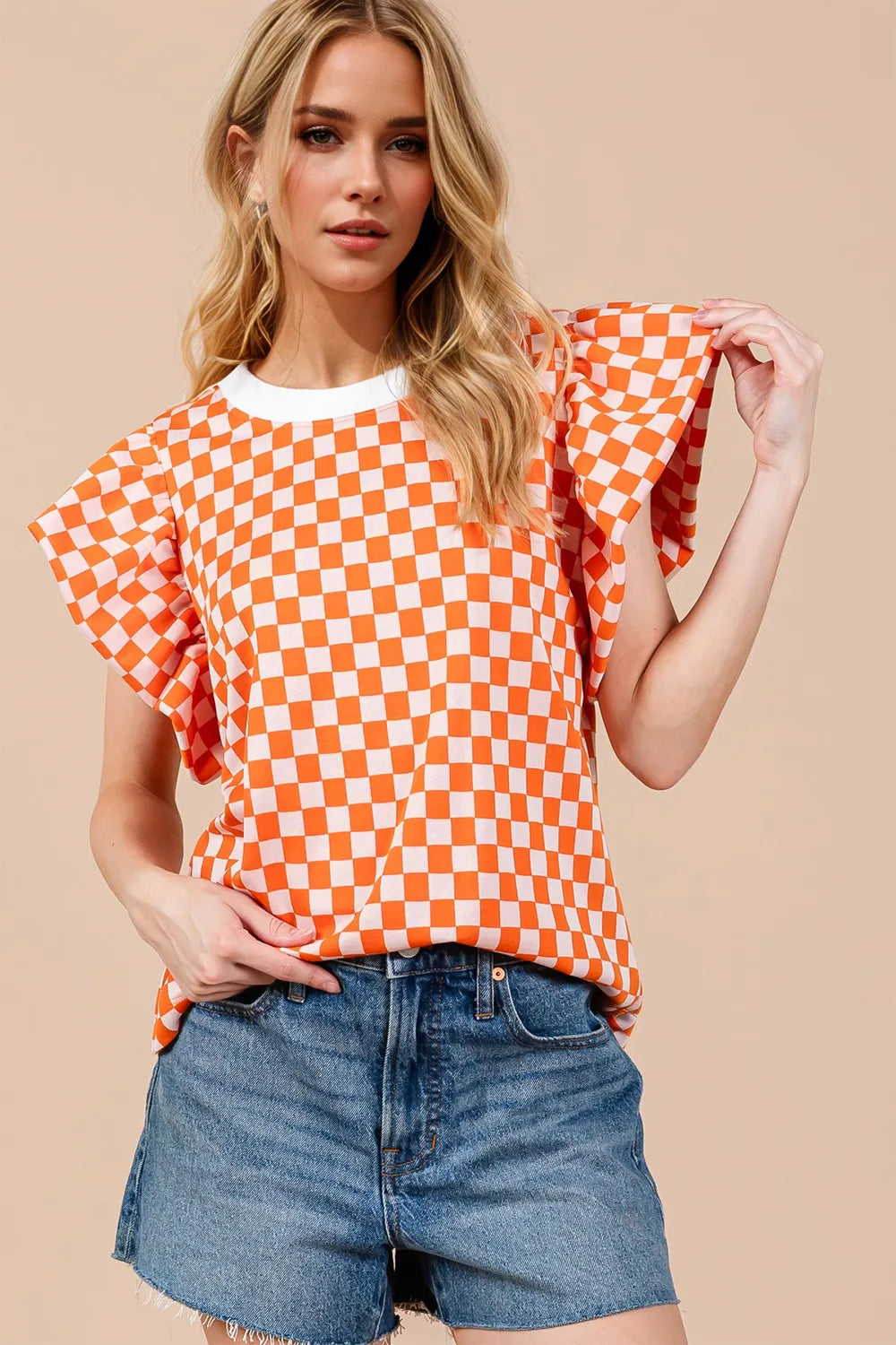 Womens checkered puff sleeve blouse detail