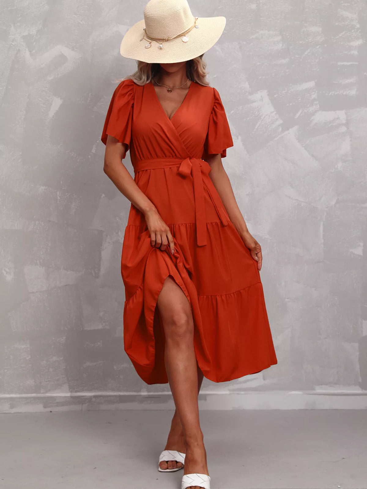 Flutter sleeve tiered midi dress front view