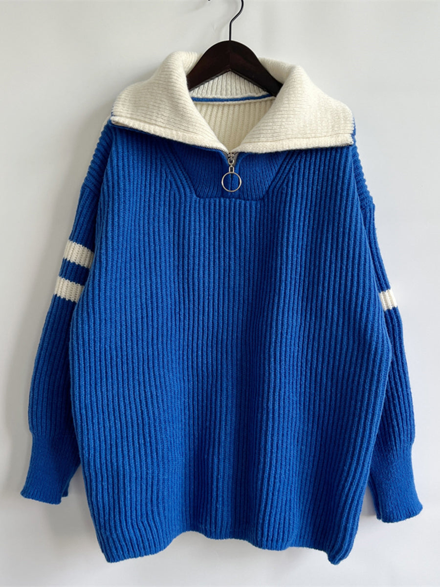 Ribbed Two-Tone Half Zip Sweater - Fashorio
