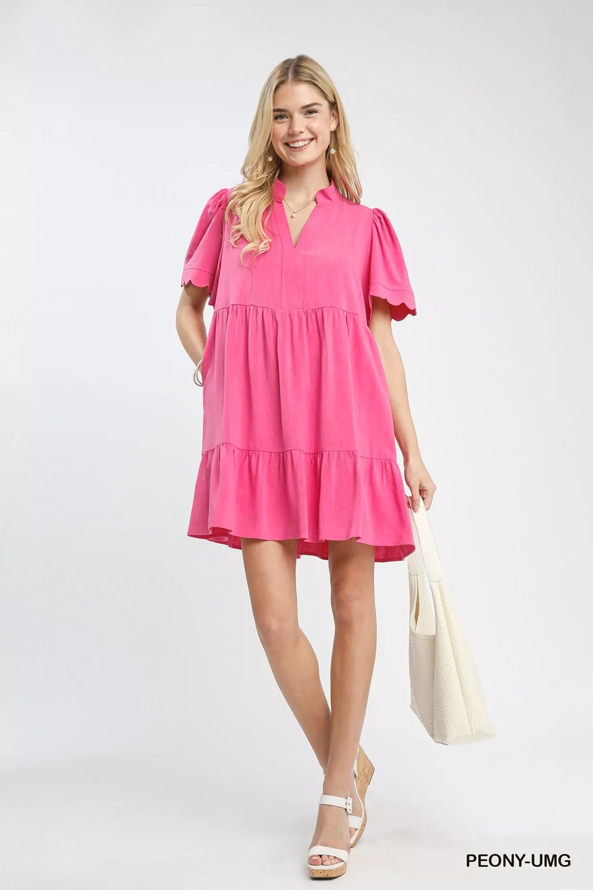 Linen Tiered Babydoll Dress with Scalloped Sleeves detail