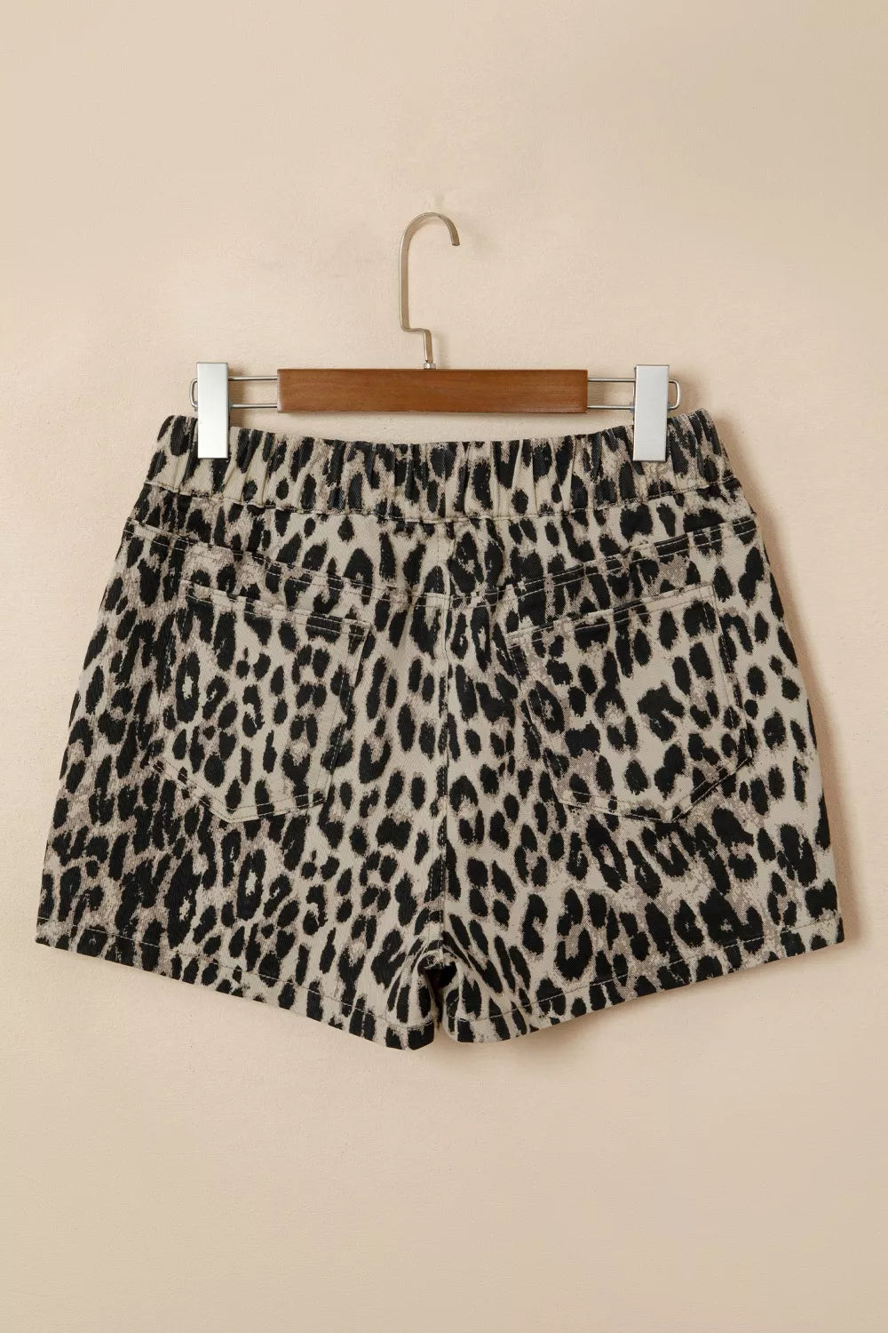 Leopard print lace up mid rise denim shorts full length view