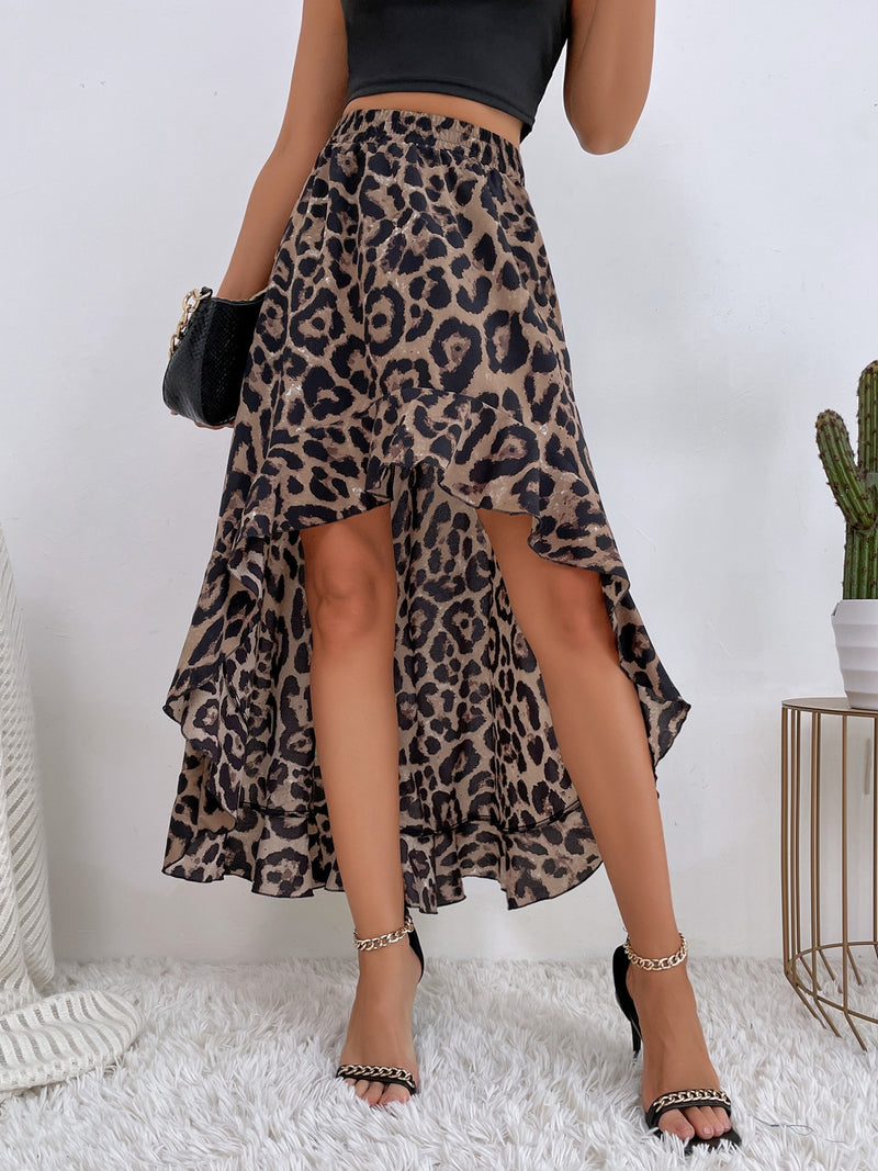 Leopard print high low skirt with a ruffle hem, front view