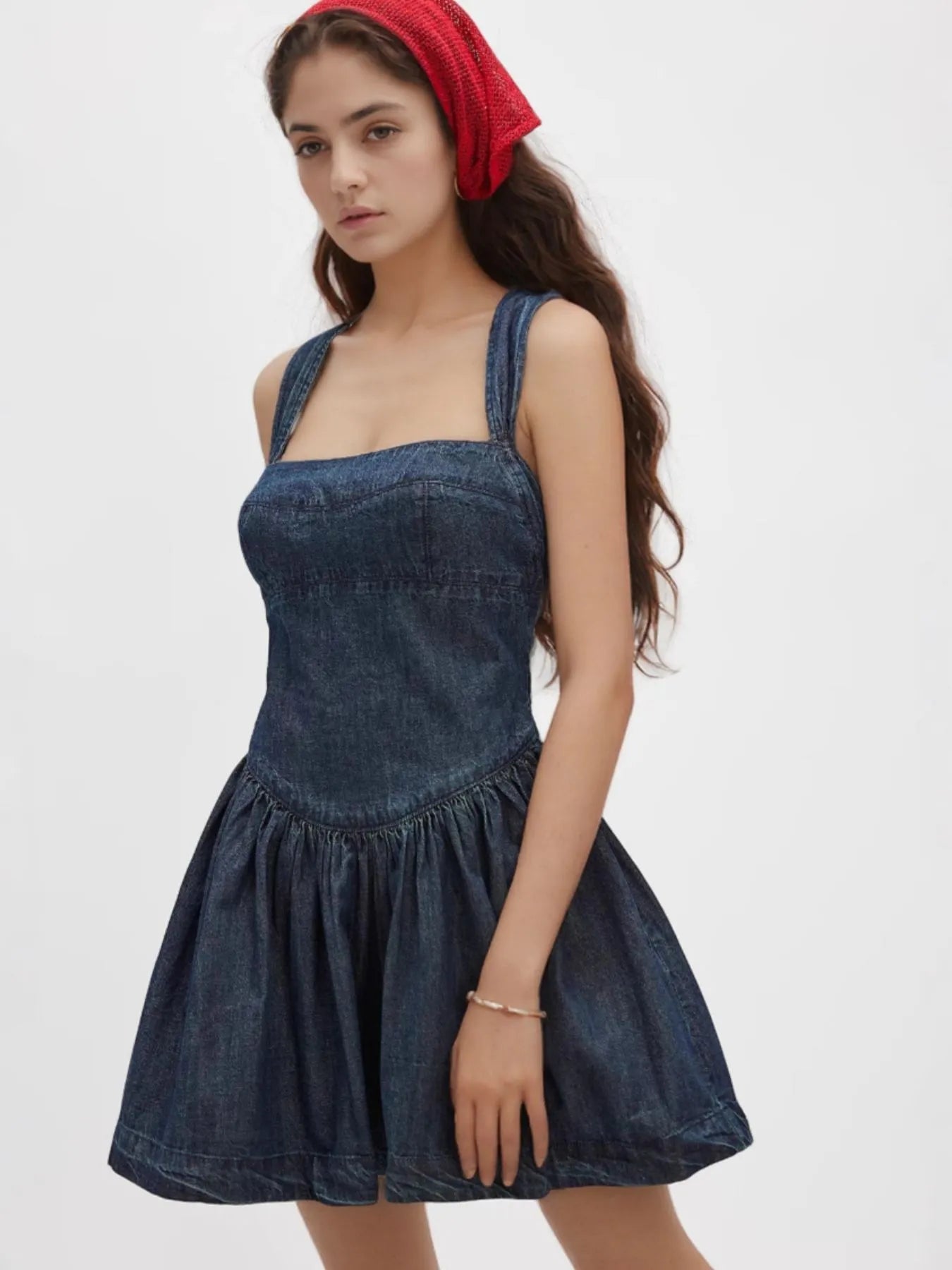 Smocked Crisscross Back Denim Mini Dress Dark Blue - Fashorio